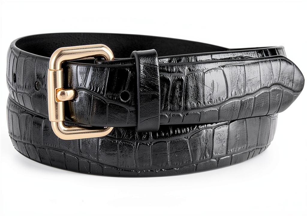 Women's alligator embossed leather belt on a wooden desk