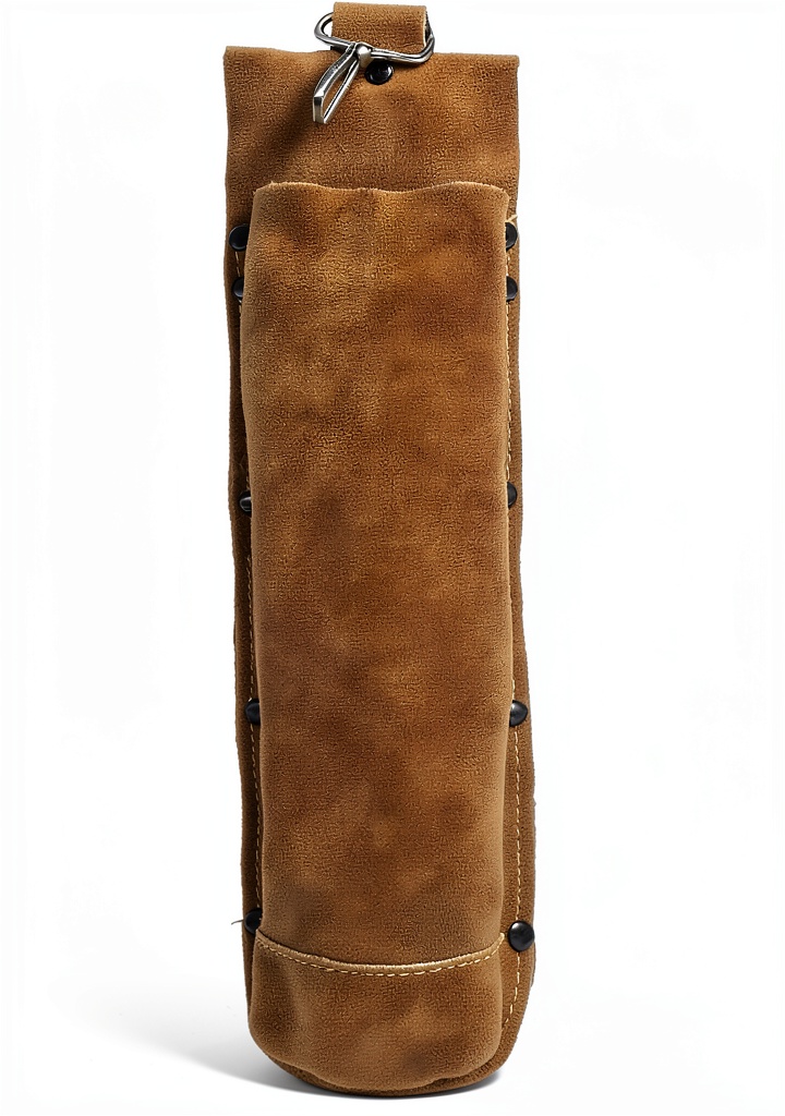 Fox Alloy brown leather welding rod bag mounted on a welder's belt in a busy workshop