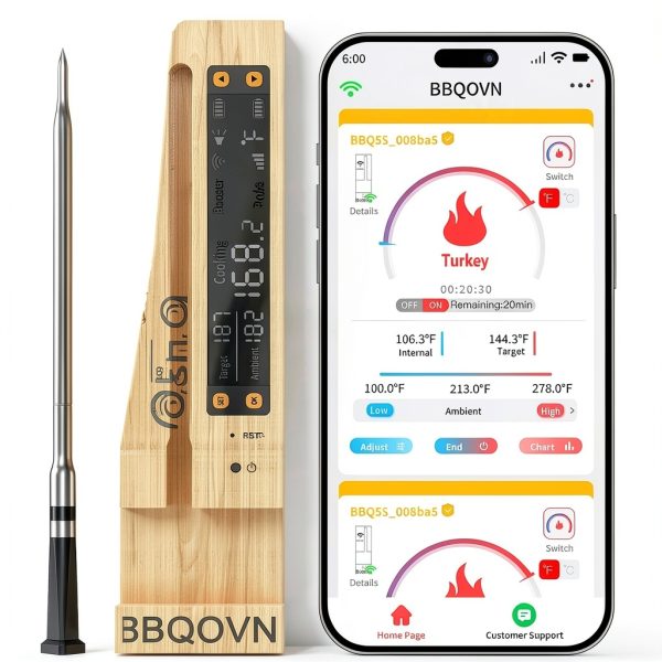 Smart Wireless Meat Thermometer,WiFi Unlimited Range Sub-1G (10X Stronger Than Bluetooth) 7 NIST-Certified Sensors ±0.5°F Accuracy with Smart Base for BBQ, Grill, Smoker & Oven(1, Black)-0