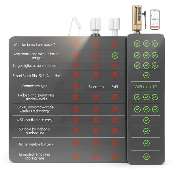 WiFi Sub-1G Wireless Meat Thermometer BBQOVN BBQ8 Black Small 7-5
